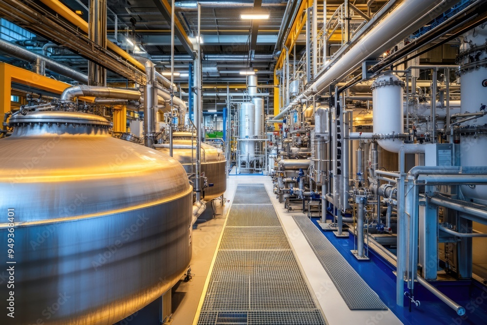Chemical factory. Interior of a high-tech plant with tanks and pipes. Pharmaceutical or medical laboratory Chemical factory. Interior of a high-tech plant with tanks and pipes. Pharmaceutical or medical laboratory