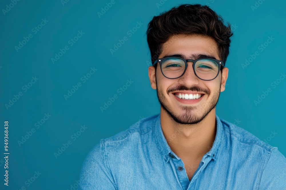 Portrait of young smiling latin man in blue shirt and glasses, feeling confident, isolated on blue background with generative ai Portrait of young smiling latin man in blue shirt and glasses, feeling confident, isolated on blue background with generative ai