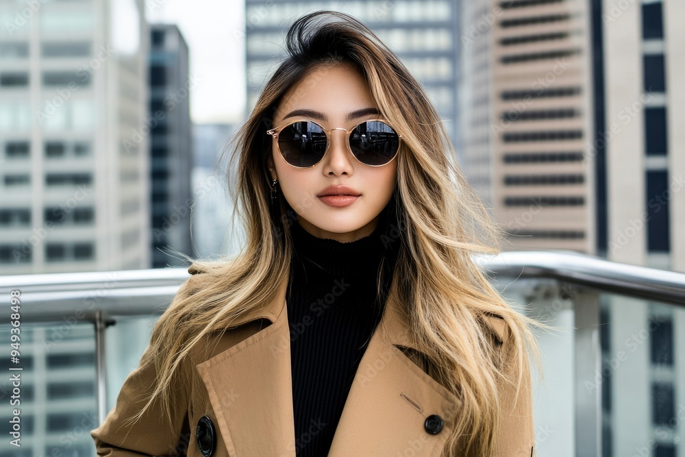 Woman in Sunglasses and Trench Coat Standing on a Rooftop Woman in Sunglasses and Trench Coat Standing on a Rooftop