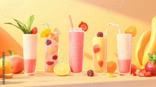 Five vibrant fruit smoothies in tall glasses showcase fresh flavors, garnished with fruit and displayed on a bright background