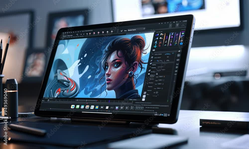 Digital drawing tablet displaying artwork of female character in creative software interface, surrounded by designer tools Digital drawing tablet displaying artwork of female character in creative software interface, surrounded by designer tools