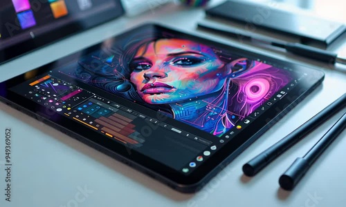 Vibrant digital artwork displayed on graphics tablet with stylus, situated desk other creative tools photo