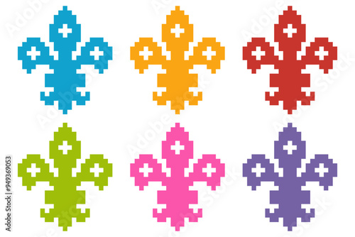 Beautiful colorful pixel Fleur de lis clipart.Classic royal embroidery vintage style.Traditional and little more modern. Flower with French origins.Vector illustration elements motif design for decor.