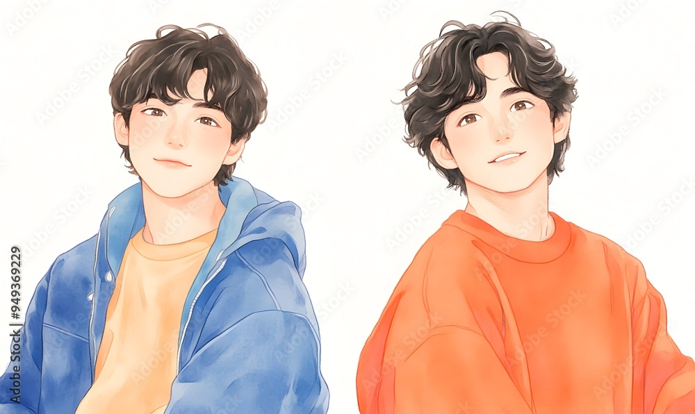 Delicate watercolor line drawing upper body of two cute 15-year-old boys, Generative AI Delicate watercolor line drawing upper body of two cute 15-year-old boys, Generative AI
