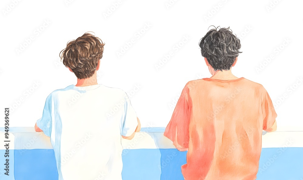 Obraz premium Delicate watercolor line drawing upper body of two cute 15-year-old boys, Generative AI