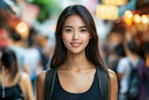 Portrait of a smiling young woman with long dark hair in a city setting