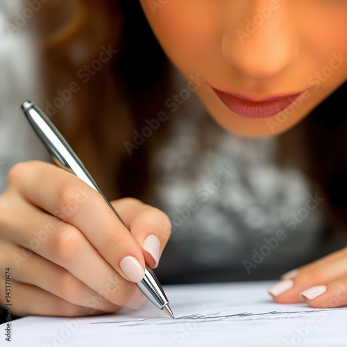 Close-up of a woman signing a document with a pen, focusing on her hand and the pen's tip for detail.