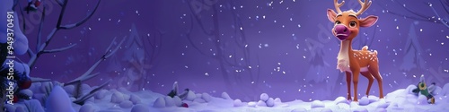 Vivid violet Christmas background with a cute reindeer, cartoon style on snowy ground.