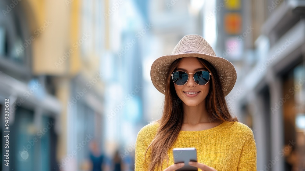 A cheerful young woman wearing a sun hat, sunglasses, and a yellow sweater uses her smartphone while walking in a vibrant city street.