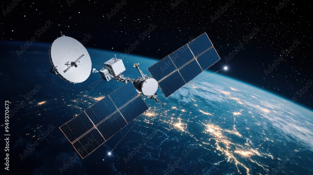 Satellite Orbiting Earth with Solar Panels and Antenna Satellite Orbiting Earth with Solar Panels and Antenna