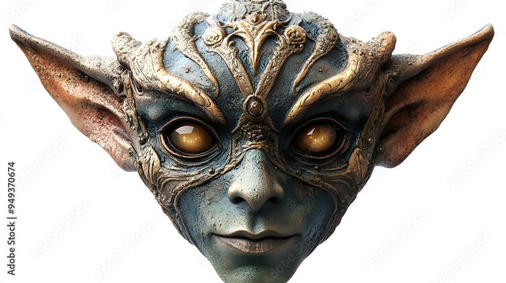 Fantasy goblin mask, worn for Halloween, mystical patterns, earthy tones, lifelike textures, isolated on white background Fantasy goblin mask, worn for Halloween, mystical patterns, earthy tones, lifelike textures, isolated on white background