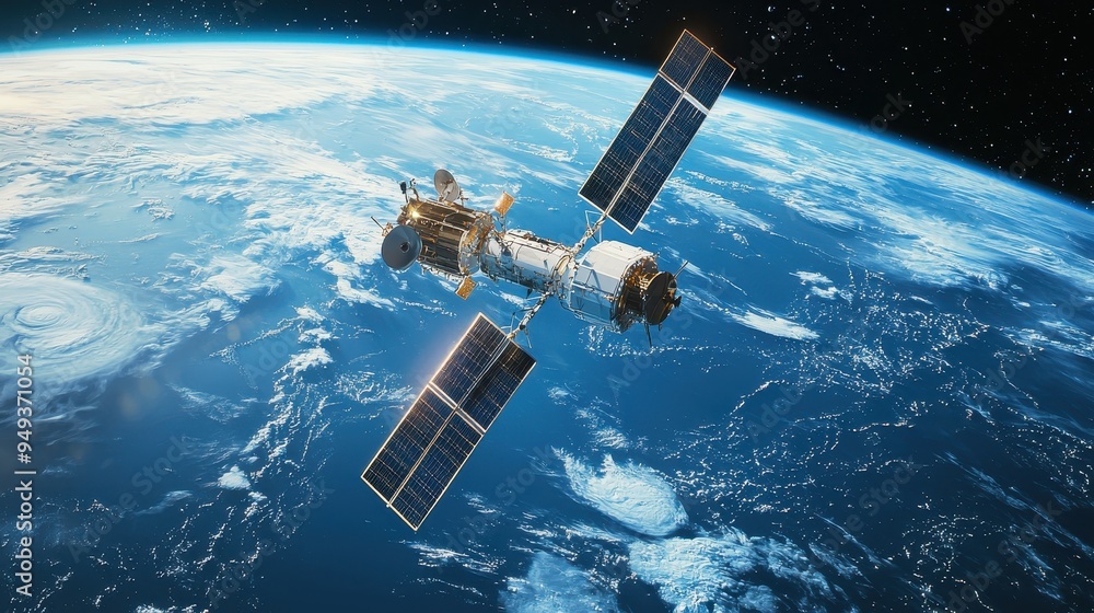 Satellite Orbiting Earth with Solar Panels and Antenna Satellite Orbiting Earth with Solar Panels and Antenna