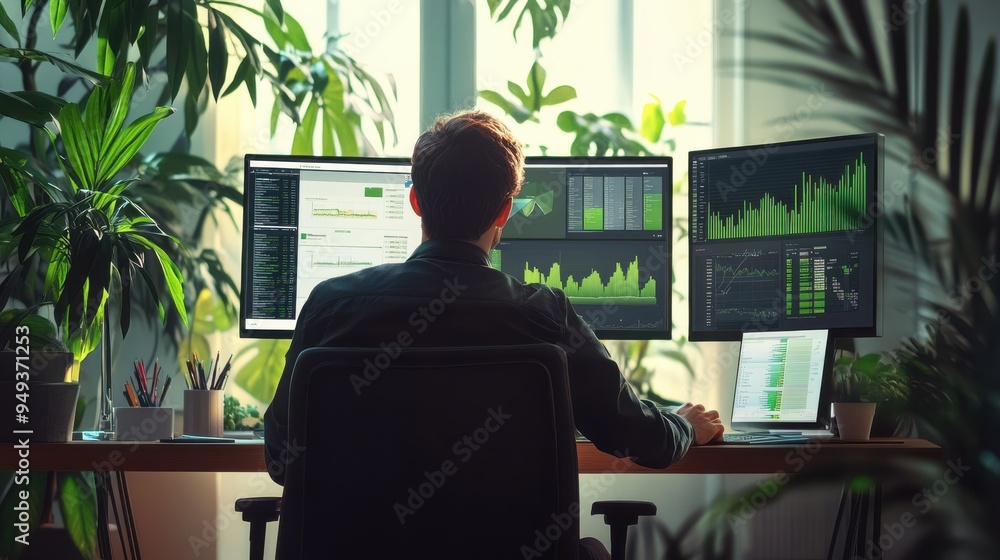 Flat design illustration of financial analysts engaged in policy research, working on multiple screens displaying data and charts Flat design illustration of financial analysts engaged in policy research, working on multiple screens displaying data and charts