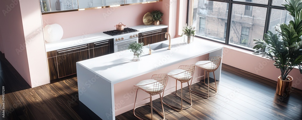 Chic kitchen with pearl white counters, rose gold stools, and a view of dark walnut flooring.