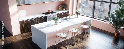 Chic kitchen with pearl white counters, rose gold stools, and a view of dark walnut flooring.