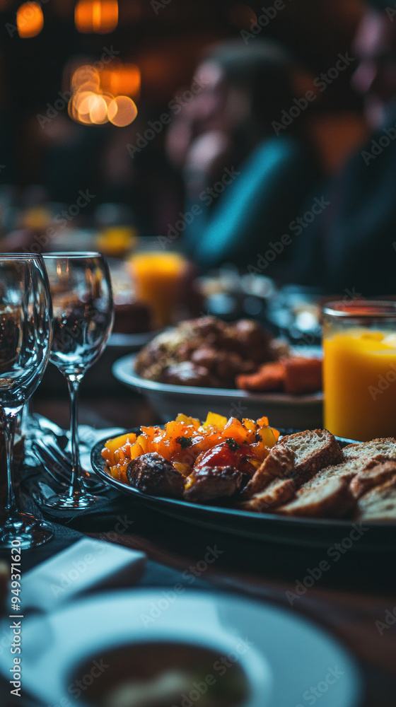 A group of people are sitting at a table with a variety of food and drinks, including a plate of food and a glass of orange juice. The atmosphere is casual and relaxed, with people enjoying their meal A group of people are sitting at a table with a variety of food and drinks, including a plate of food and a glass of orange juice. The atmosphere is casual and relaxed, with people enjoying their meal