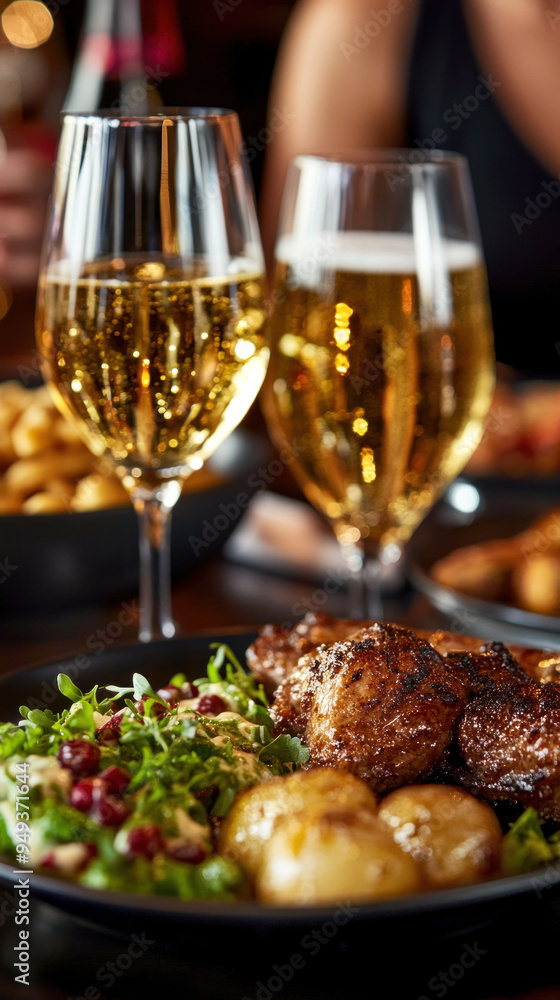 A plate of food with two glasses of beer and a salad. Scene is casual and relaxed A plate of food with two glasses of beer and a salad. Scene is casual and relaxed