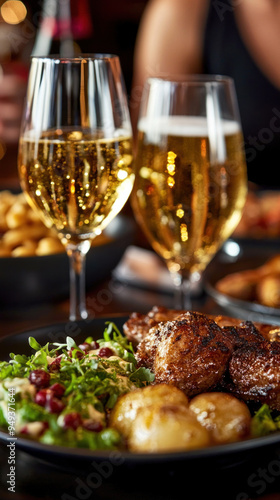 A plate of food with two glasses of beer and a salad. Scene is casual and relaxed