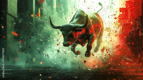 Concept art depicting a stock market bull breaking through digital walls of red, turning them green, symbolizing a bull market resurgence photo