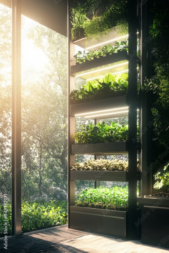 Vertical farm bathed in natural light from large windows. The plants grow in harmony, blending nature and technology, Generative AI Vertical farm bathed in natural light from large windows. The plants grow in harmony, blending nature and technology, Generative AI