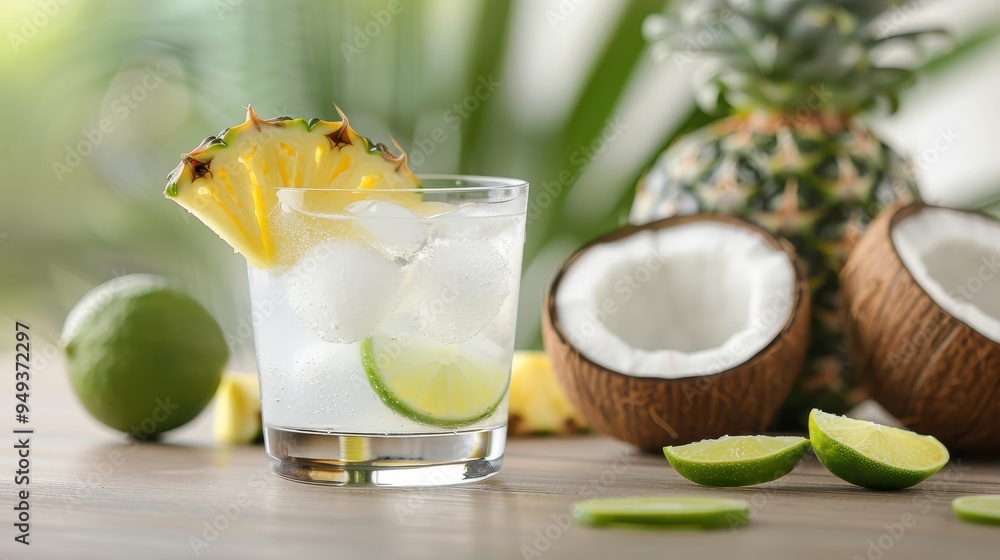 A coconut water cocktail with a splash of lime and pineapple garnish in a highball glass, perfect for a refreshing and exotic summer drink. A coconut water cocktail with a splash of lime and pineapple garnish in a highball glass, perfect for a refreshing and exotic summer drink.