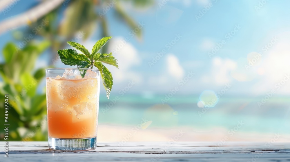 Apple juice with mint garnish on beachside table, ocean and palm trees backdrop, tropical vibe. Apple juice with mint garnish on beachside table, ocean and palm trees backdrop, tropical vibe.