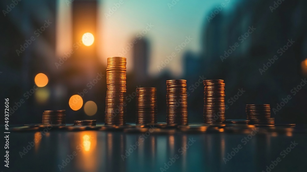 Creative representation of financial growth with stacks of coins growing into a skyscraper Creative representation of financial growth with stacks of coins growing into a skyscraper