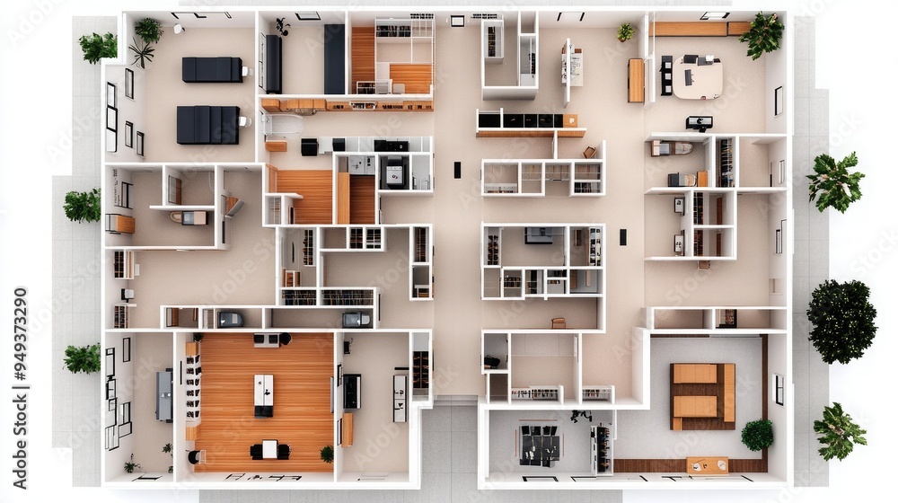 Detailed top view of a spacious modern apartment layout showcasing various rooms and open spaces with a contemporary design. Detailed top view of a spacious modern apartment layout showcasing various rooms and open spaces with a contemporary design.