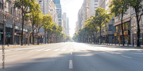 Empty Street in City Center with Shops and Buildings