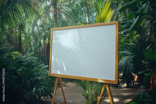 Blank Wooden Framed Signboard Surrounded by Lush Green Palm Trees photo