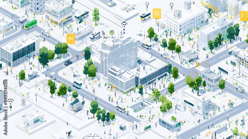 Isometric Cityscape with Buildings Streets and People Isometric Cityscape with Buildings Streets and People
