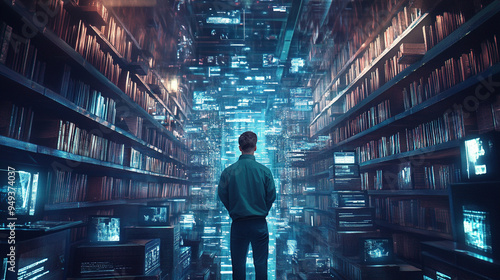 A man standing in front of futuristic nextgen vast library advanced technology and neon blue lights digital background