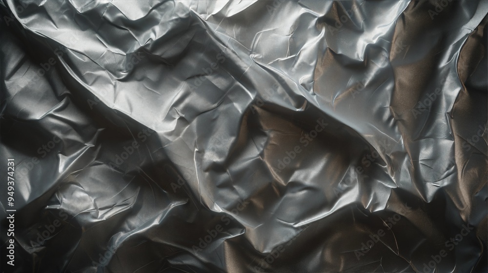 Crumpled metallic foil texture with reflective surface, ideal for abstract designs and backgrounds Crumpled metallic foil texture with reflective surface, ideal for abstract designs and backgrounds