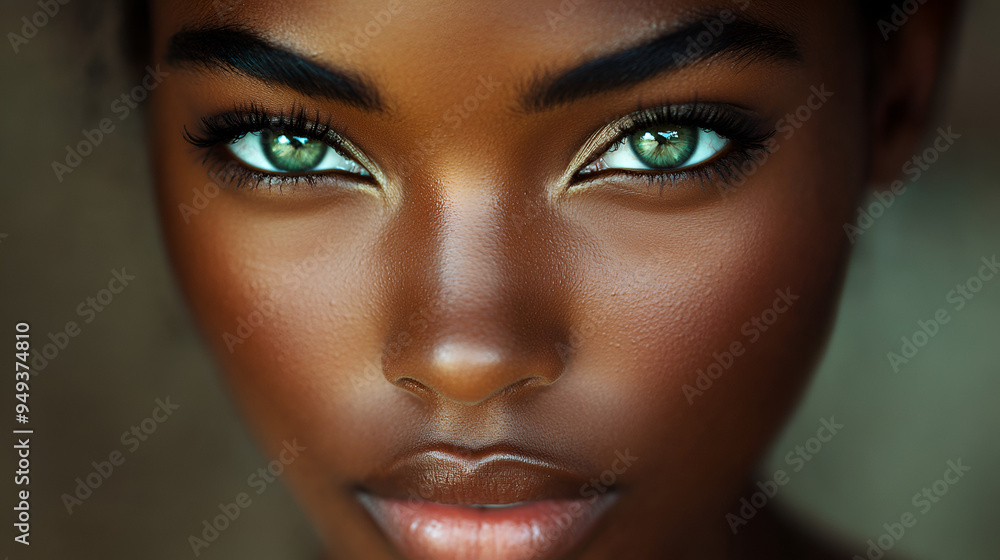 Fototapeta premium acercamiento de la cara del rostro de una modelo mujer morena de ojos verdes mirando a la camara con una mirada profunda y hermosa