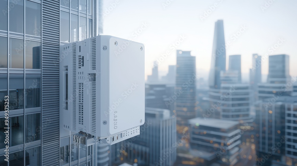 Modern Building Exterior with Air Conditioning Unit and City View Modern Building Exterior with Air Conditioning Unit and City View