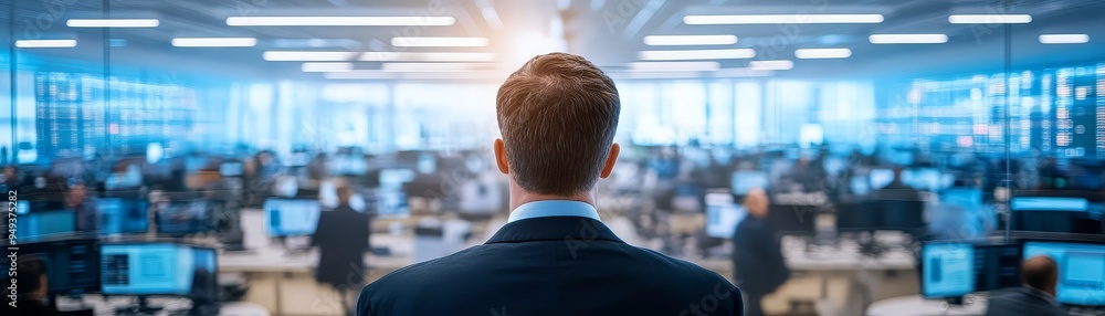 Businessman Looking at Blurred Office with Computers Businessman Looking at Blurred Office with Computers