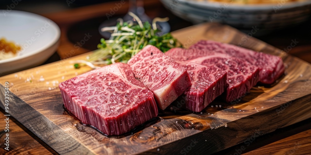 Wagyu Ribeye Beef Served on a Wooden Board Wagyu Ribeye Beef Served on a Wooden Board