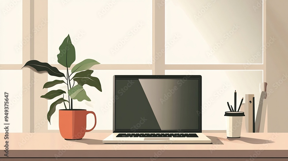 Creative vector of a home office setup with a laptop coffee cup and plant emphasizing productivity and comfort Creative vector of a home office setup with a laptop coffee cup and plant emphasizing productivity and comfort