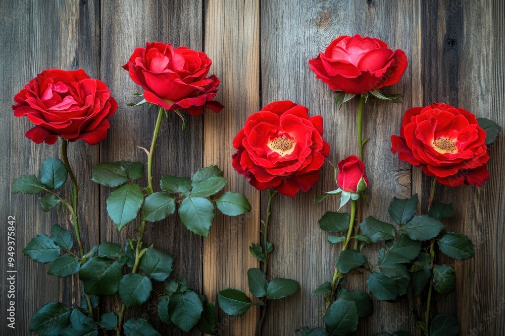 Red roses on a wooden background, showcasing the vibrant beauty of nature's most beloved flowers with generative ai Red roses on a wooden background, showcasing the vibrant beauty of nature's most beloved flowers with generative ai