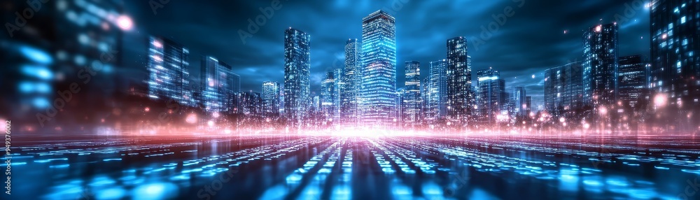 Futuristic Cityscape with Neon Lights and Digital Code Reflections Futuristic Cityscape with Neon Lights and Digital Code Reflections