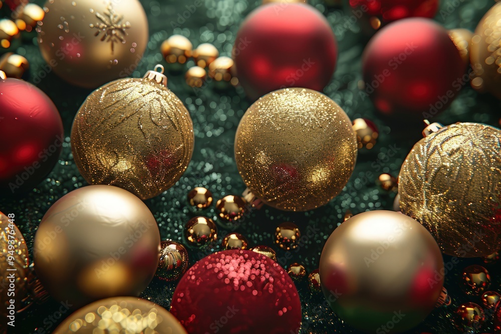 Sparkling gold and red Christmas ornaments on a dark green background, creating a festive scene. Sparkling gold and red Christmas ornaments on a dark green background, creating a festive scene.