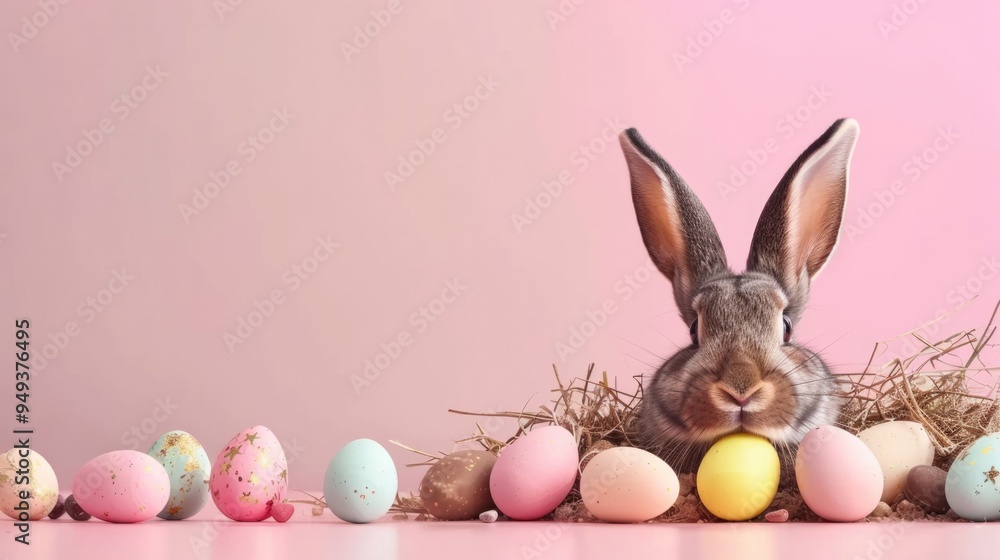 Fototapeta premium Easter Bunny peeking from a burrow with chocolate eggs on a pastel wall banner