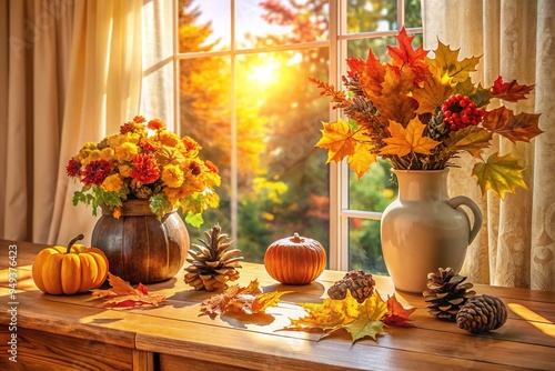 warm sunlight pours through windows, illuminating vibrant fall leaves, pinecones, and rustic decorative vases on a inviting wooden table, amidst soft beige curtains. photo