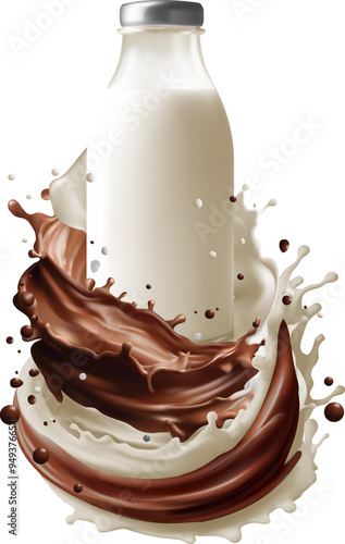 Milk splash swirls and flow. Realistic vector background with cocoa and milky waves with drops. Vector illustration isolated on white background.