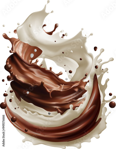 Milk splash swirls and flow. Realistic vector background with cocoa and milky waves with drops. Vector illustration isolated on white background.