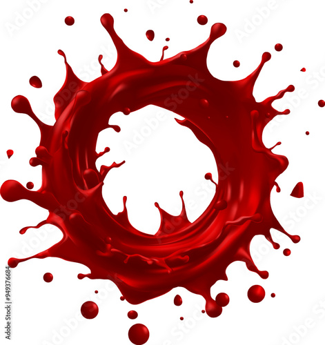 Splashes of tomato ketchup or red liquid tomato juice, vector realistic isolated 3d. Red fruit  Splashes of wine, juice or blood, liquid red drink