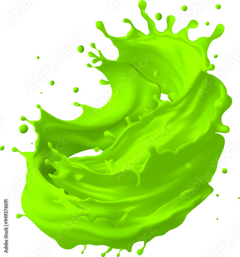 Green liquid splashing,Green juice splashes on a white background,Lime, green juice poster Realistic vector illustration, Mesh gradient wes