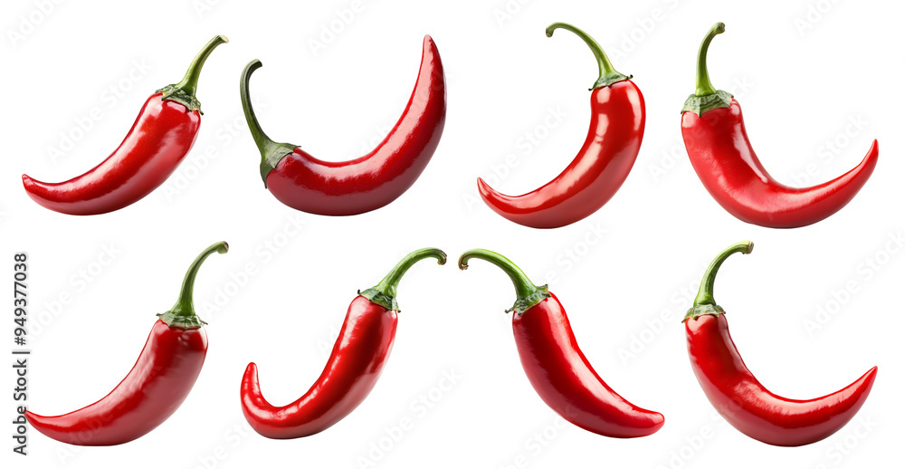 A Collection of Eight Red Chili Peppers on Transparent Background A Collection of Eight Red Chili Peppers on Transparent Background
