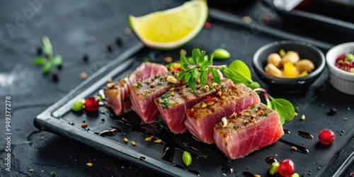 Tuna Tataki Steak Accompanied by Tropical Fruit Tartar and Cashew Nuts on a Nordic Serving Tray with Blank Space photo