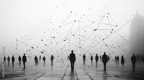 Silhouetted Business People in Foggy Urban Landscape with Abstract Network Connectivity Background